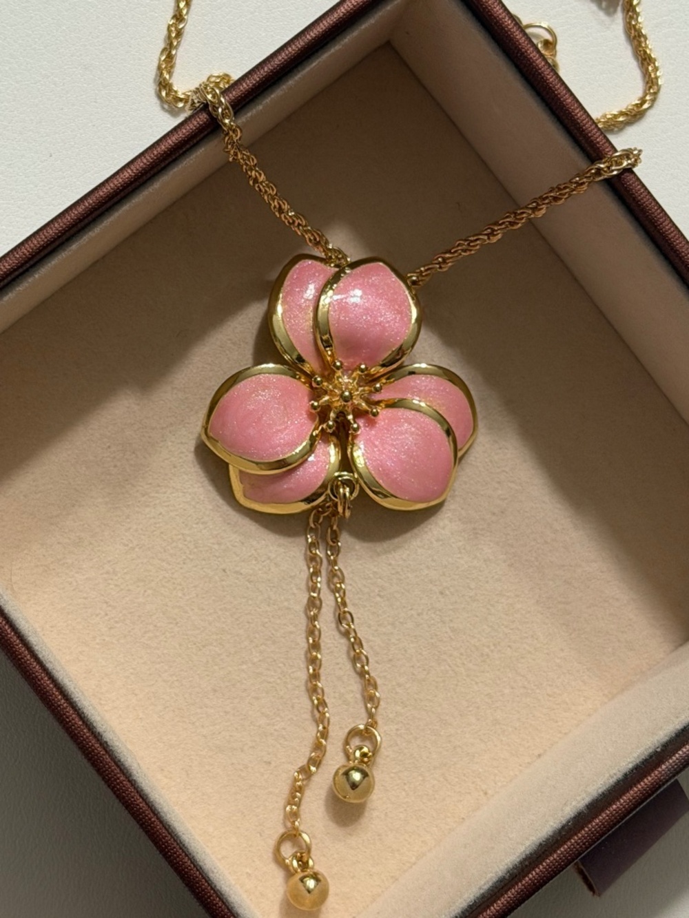 Vintage Elegant Golden Rose Pink Flower Tassel Necklace